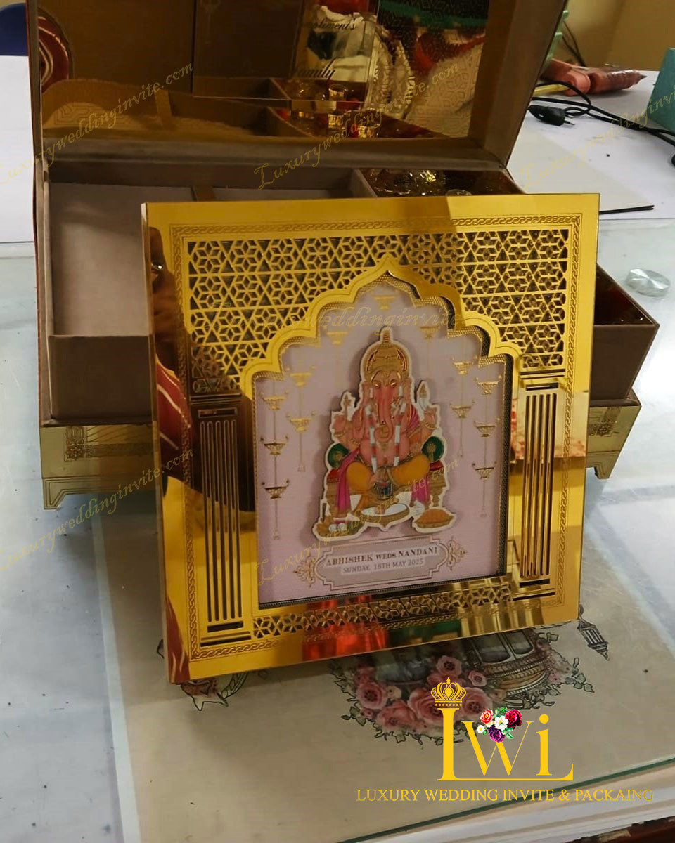 Lord Shri Ganeshji Wedding Invitation Golden Box || 2024 Design By Luxury wedding invite & packaging