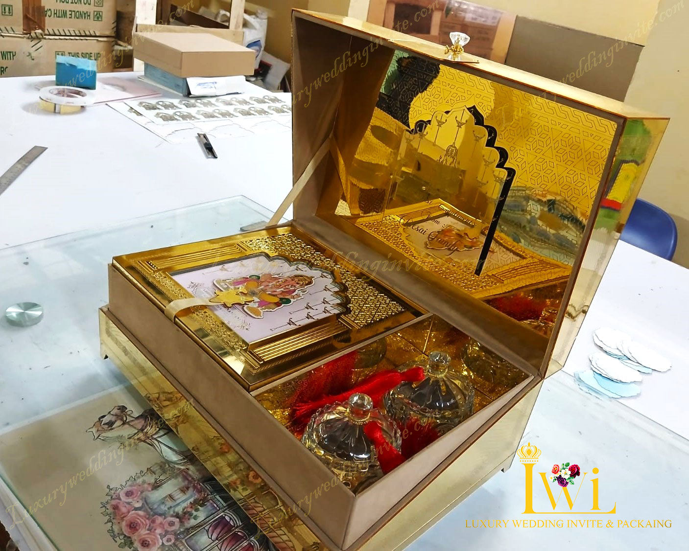 Lord Shri Ganeshji Wedding Invitation Golden Box || 2024 Design By Luxury wedding invite & packaging