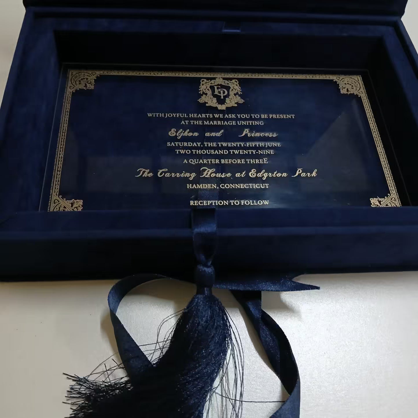 Navy Blue Velvet Acrylic Invitation Box