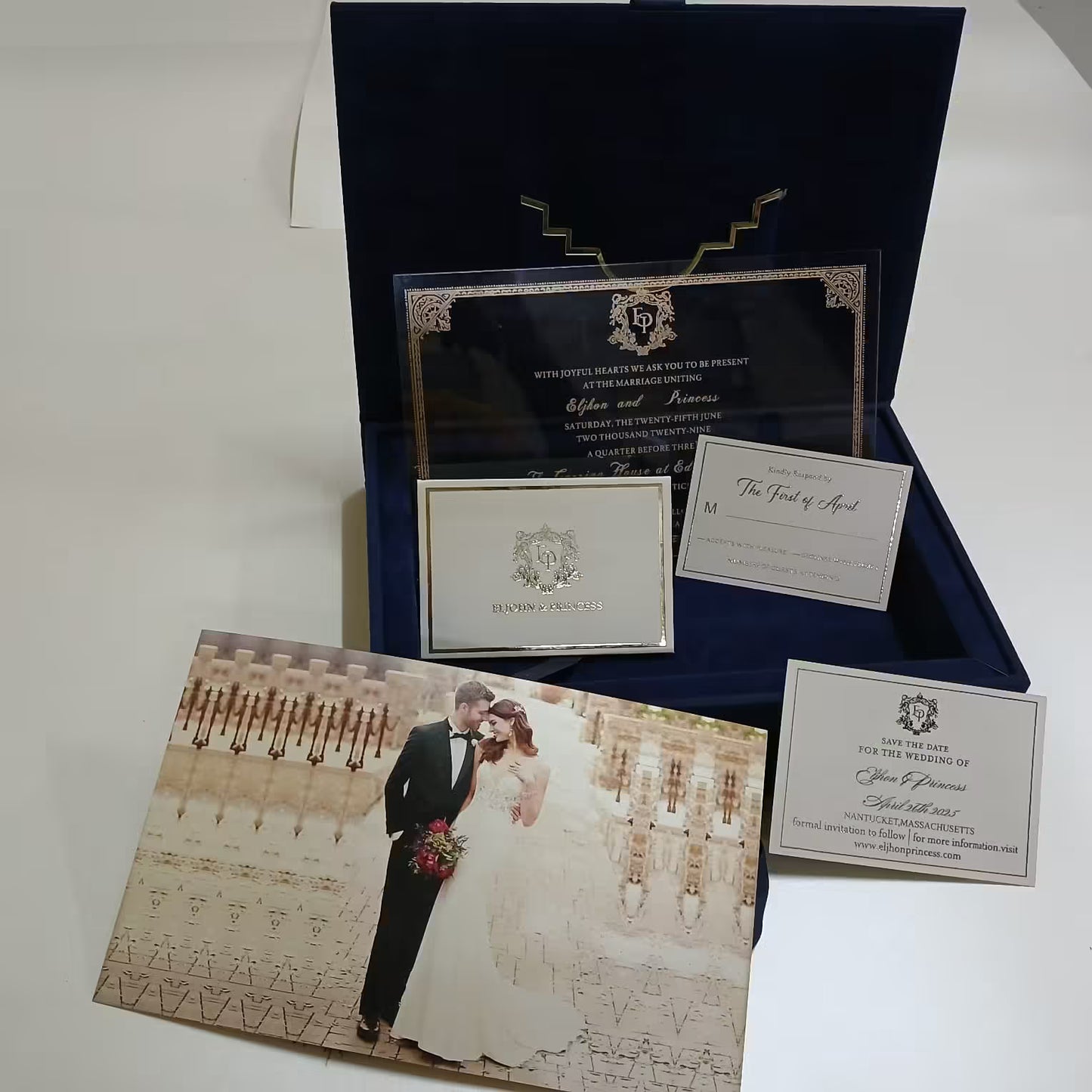 Navy Blue Velvet Acrylic Invitation Box