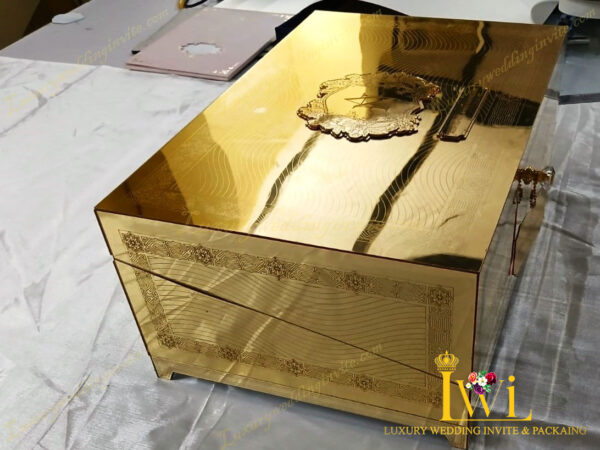 Lord Shri Ganeshji Wedding Invitation Golden Box Design By Luxury wedding invite & packaging close view